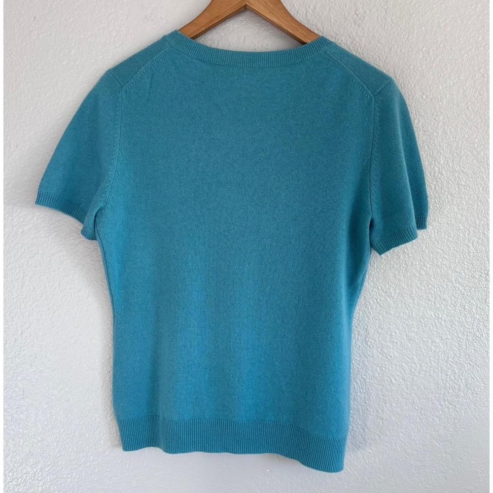 Vintage Peck and Peck Pure Cashmere Short Sleeve Knit Crewneck Sweater Teal M - Picture 6 of 9